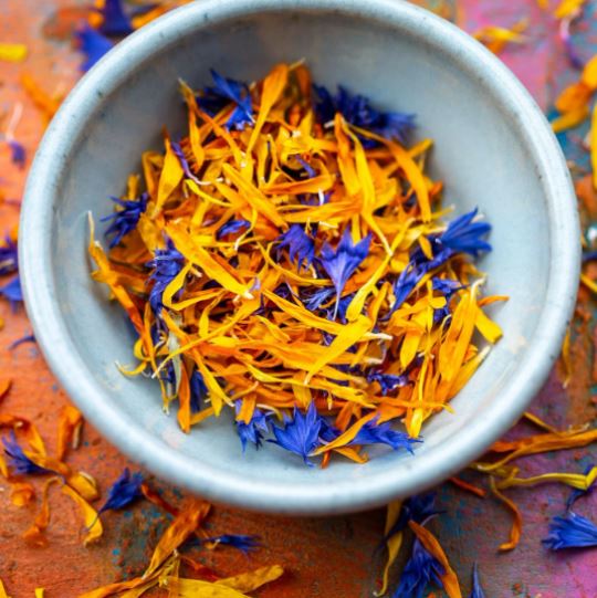 Edible Freeze Dried Flower Petals – ‘Sunburst’ – Orange and Yellow Marigold with Blue Cornflower – Grown In Dorset – Food Grade – Cake – Decoration